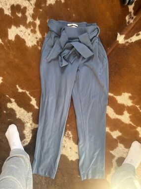High-Rise Paperbag Waist Blue Trousers with Self Tie